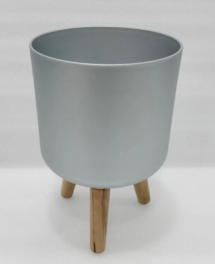 Plastic Pot Metallic Finish with Wooden 3 Leg 27*37